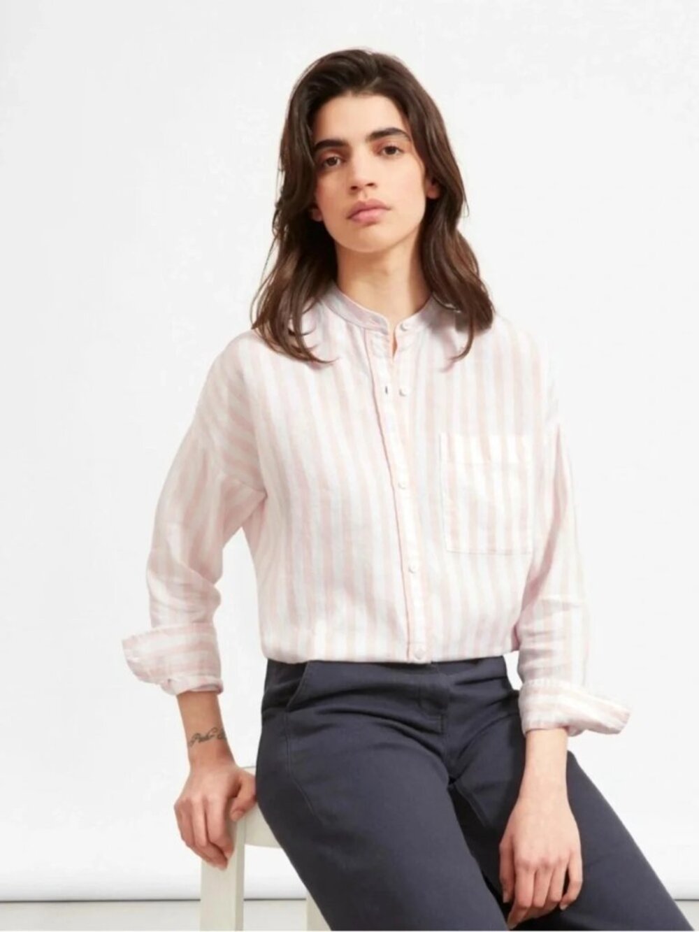 Rails mandarin/band collar peach striped button down shirt